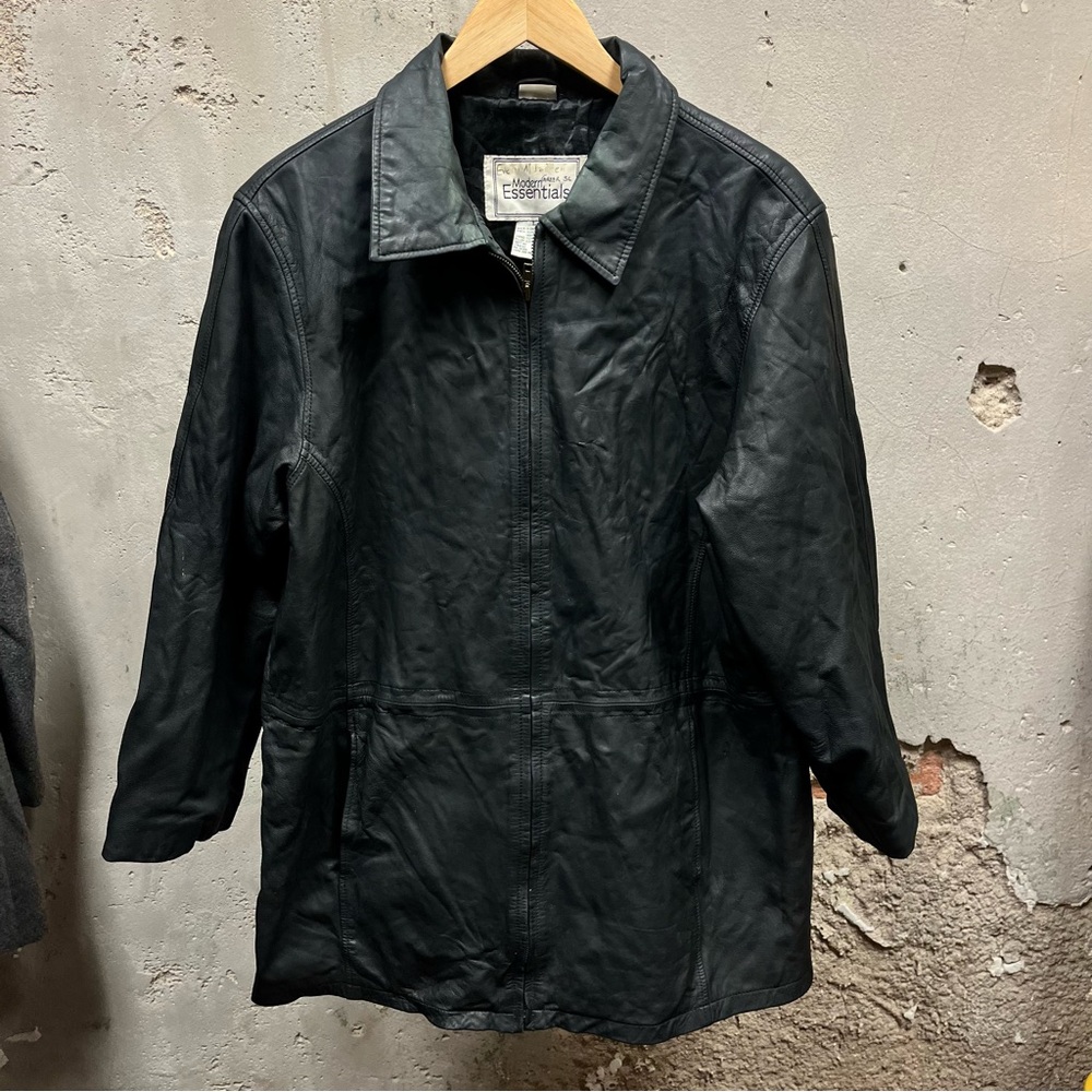 Modern Essentials Black Leather Collared Full Zip Jacket Coat Large L Pockets